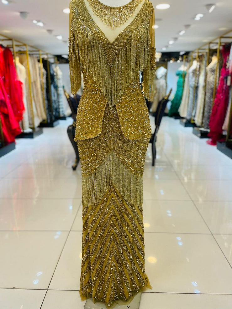 gold fringe long dress