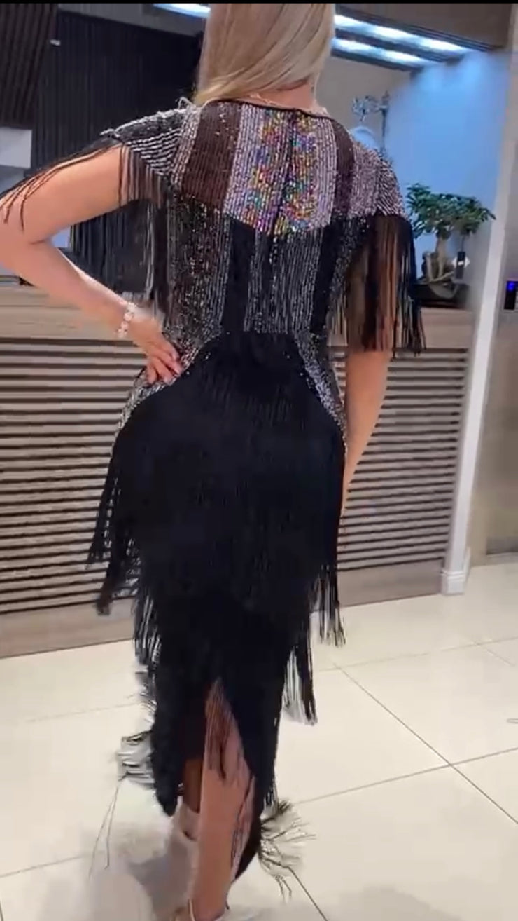 Sexy black party evening fringe dress