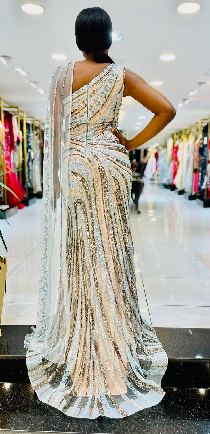 nude high slit evening dress